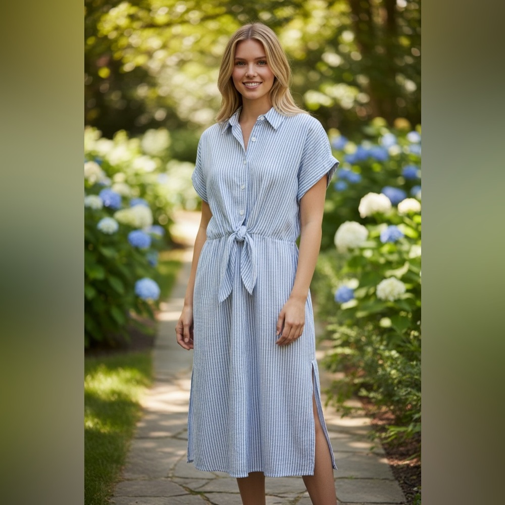 CupShe Blue White Striped Dress NWT | XL Knot‑Front Cotton‑Blend Summer Fit - Picture 1 of 7